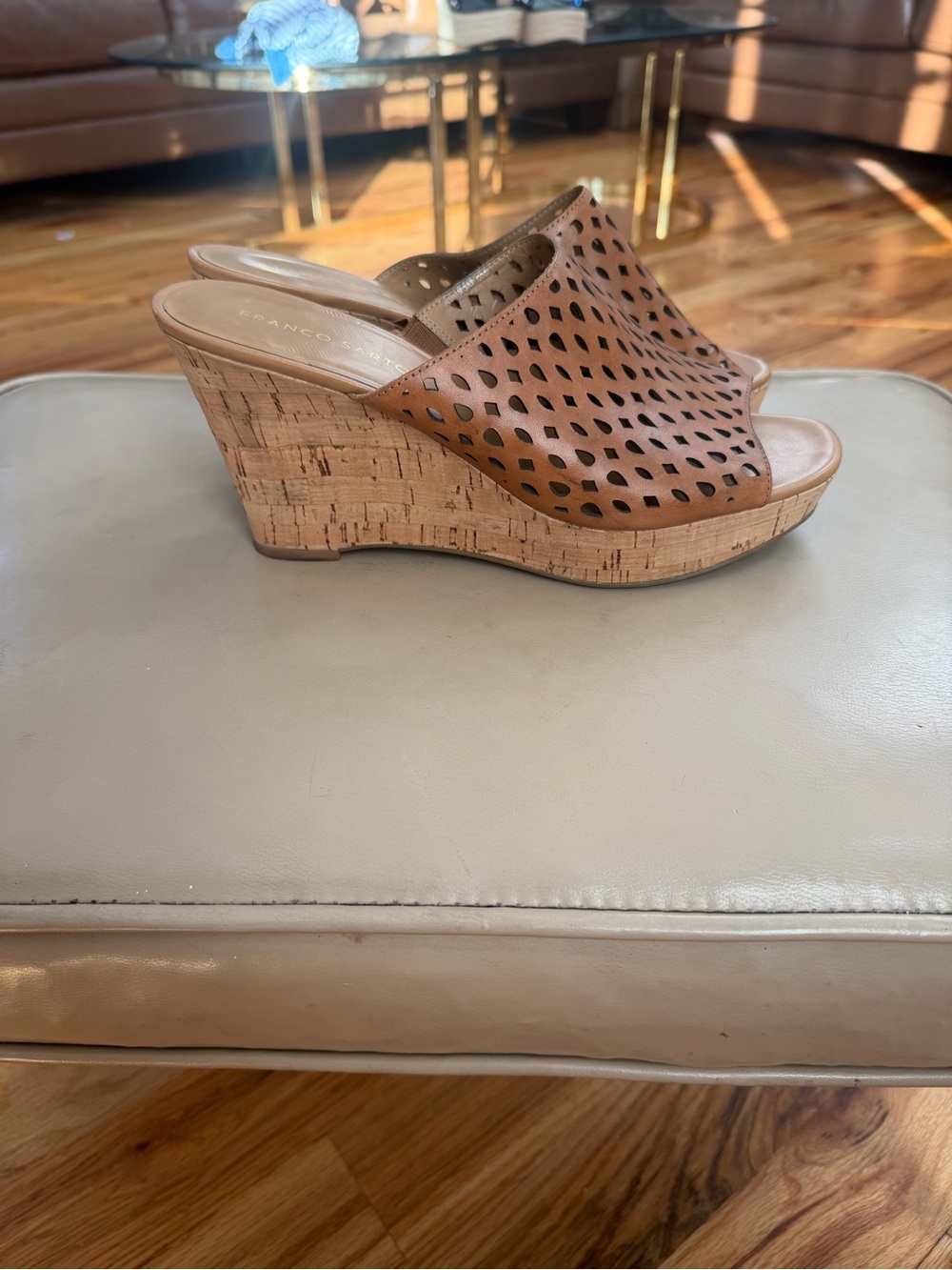 Franco Sarto Tan Perforated Cork Wedge Sandals